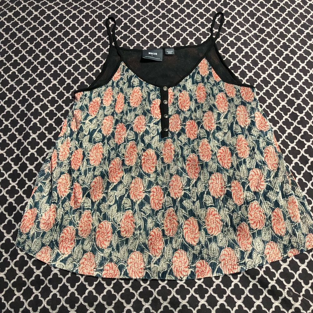 Maeve Anthropologie Strap Top Blouse Medium Black Red Floral Shimmer Ribbed AB8